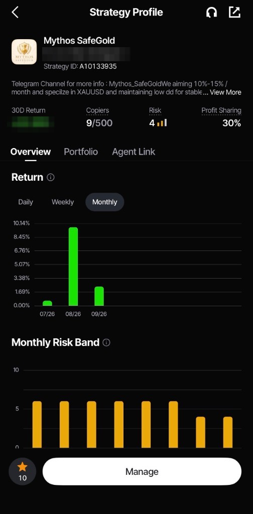 Vantage App 策略頁：Mythos SafeGold，策略 ID A10133935，名額 500，分潤 30%